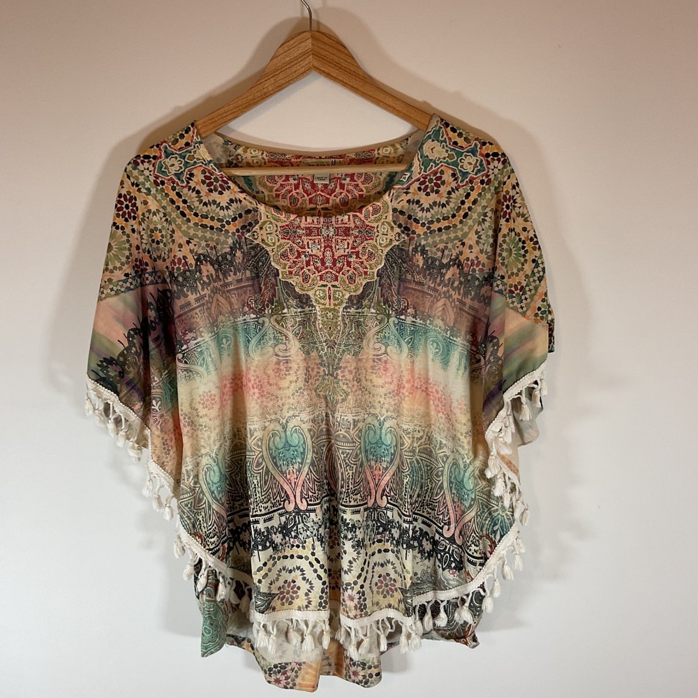 One World Live and Let Live Paisley Tassel Fringe Poncho Top Large Multi-Color